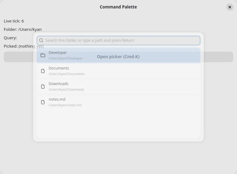 The command palette open over the demo app on GNOME (GTK)