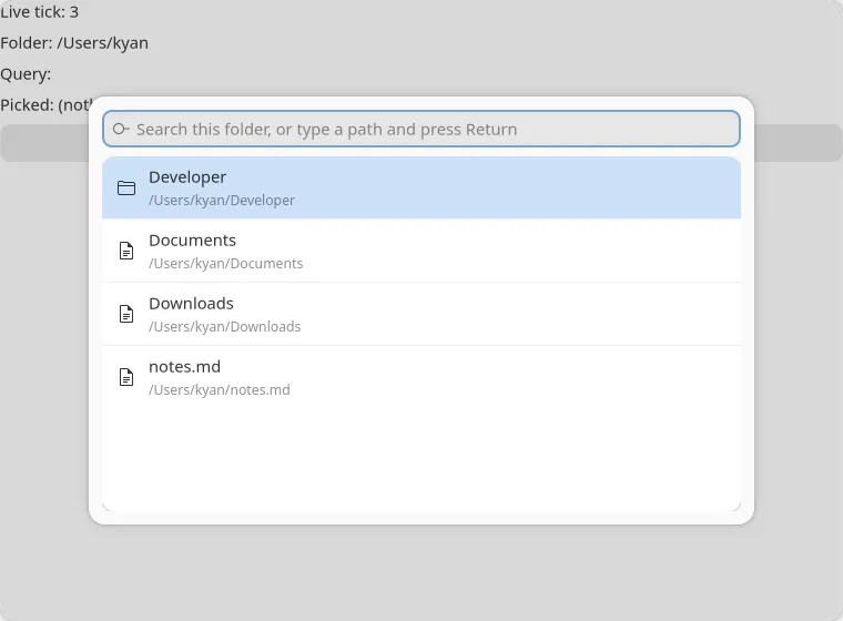 The command palette example with the palette open on GNOME (GTK)