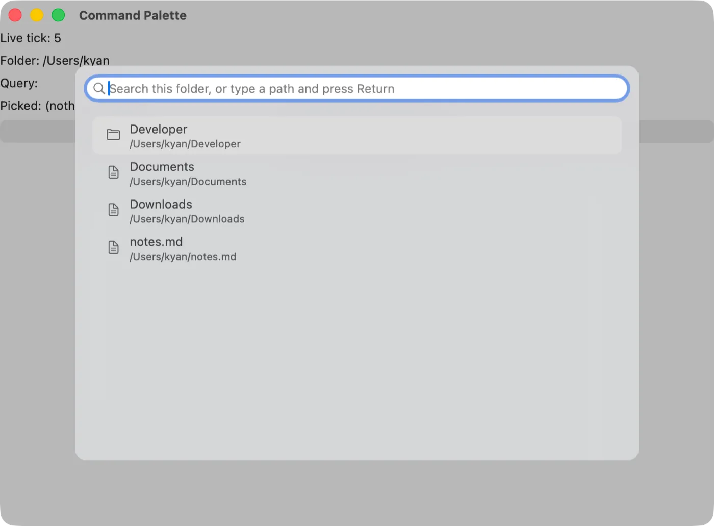 The command palette example with the palette open on macOS (AppKit)
