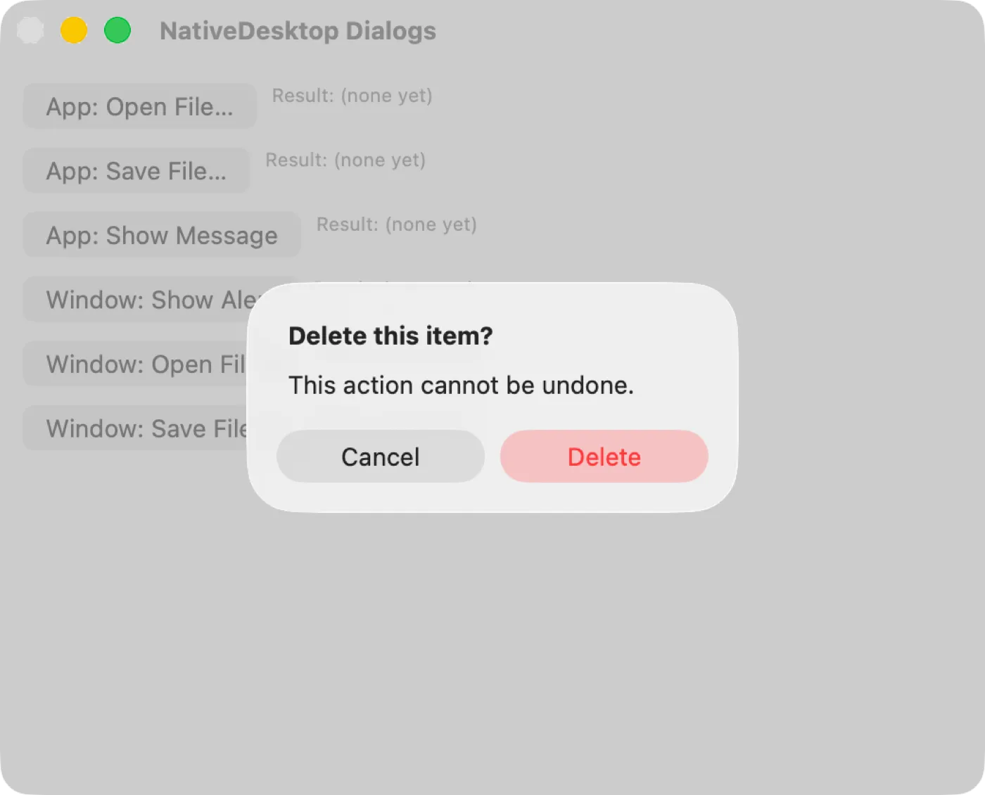 A showAlert confirmation sheet on macOS (AppKit)