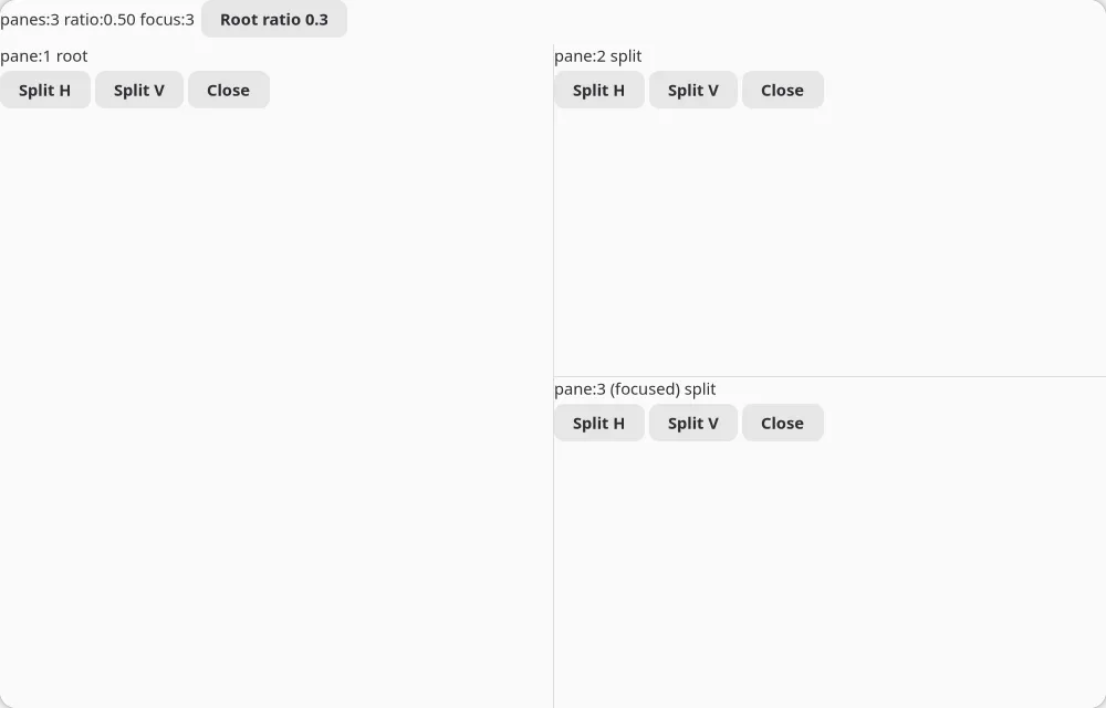 The panes example split into three panes on GNOME (GTK)