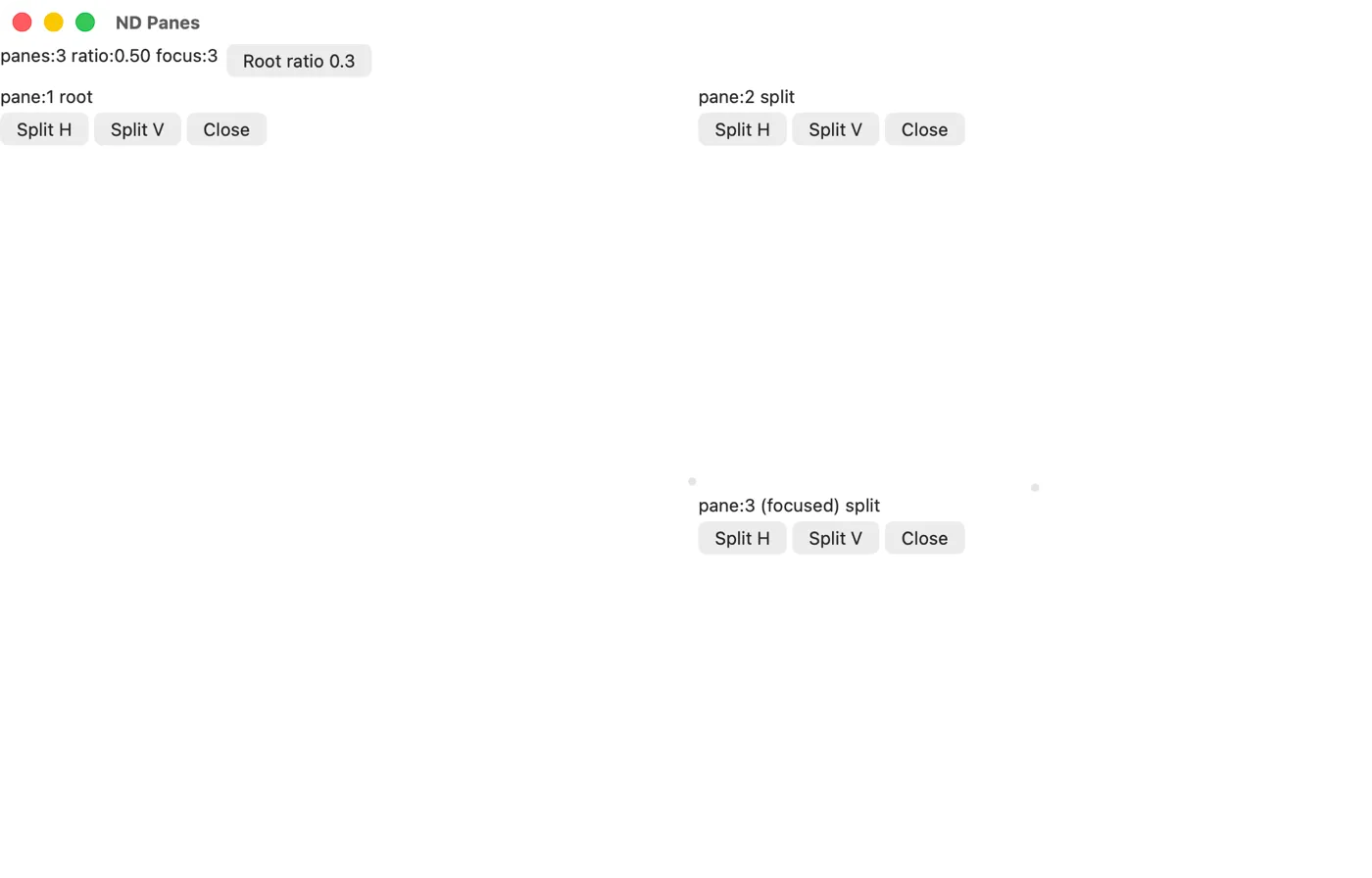 The panes example split into three panes on macOS (AppKit)