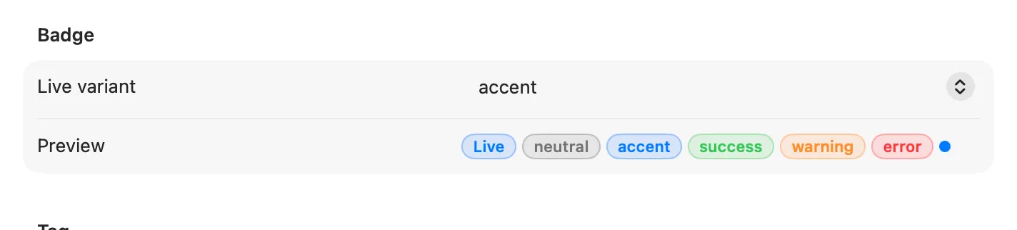 Badge pills in all five variants plus a dot indicator on macOS (AppKit)