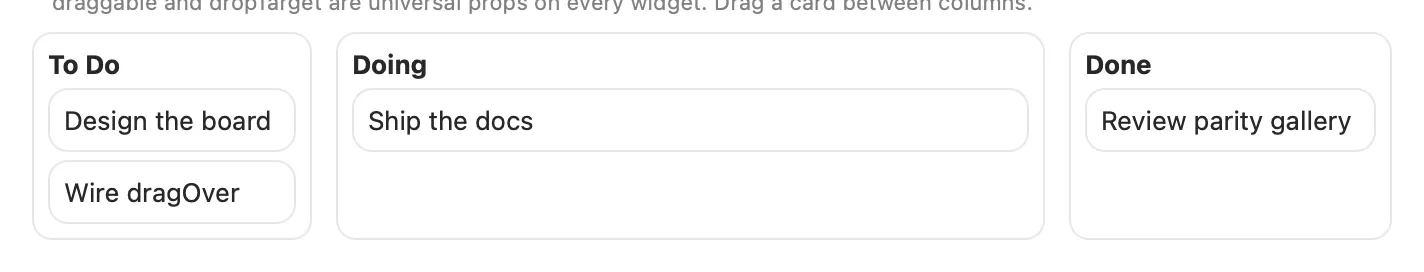A three-column kanban board built from draggable and dropTarget boxes on macOS (AppKit)