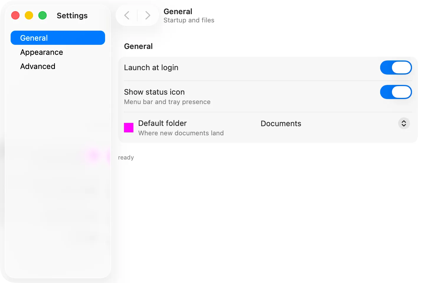 The settings app rendered by the AppKit backend on macOS