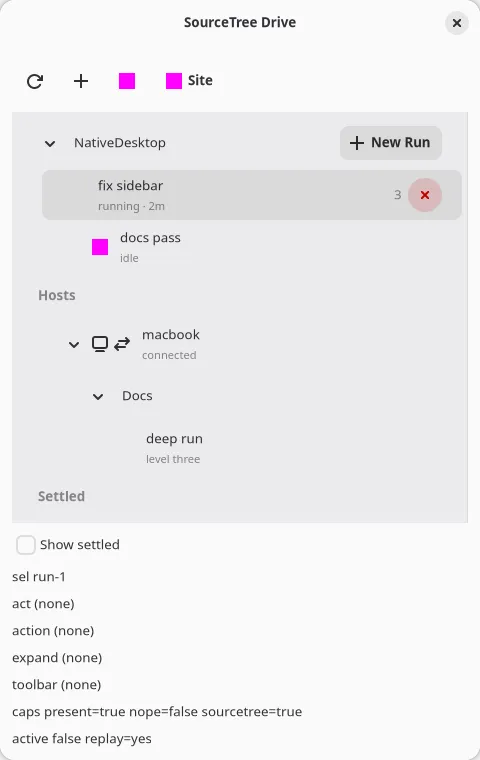 The sourcetree sidebar widget with sections, badges, and a selected row on GNOME (GTK)