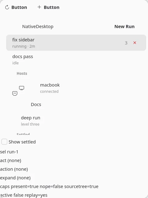 The sourcetree sidebar widget with sections, badges, and a selected row on GNOME (GTK)