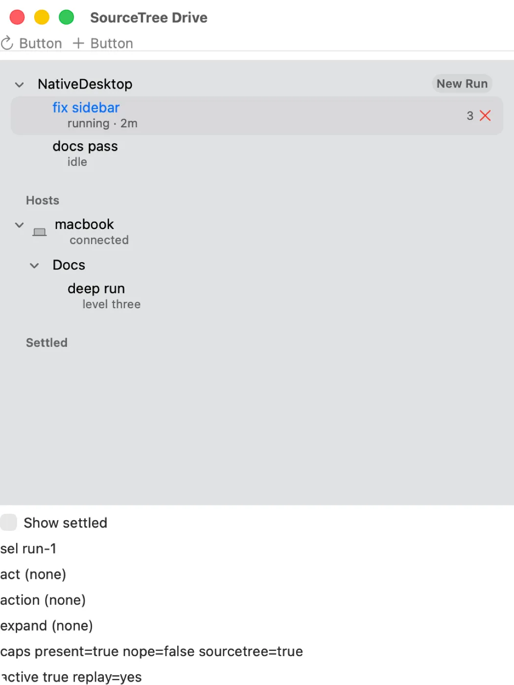 The sourcetree sidebar widget with sections, badges, and a selected row on macOS (AppKit)