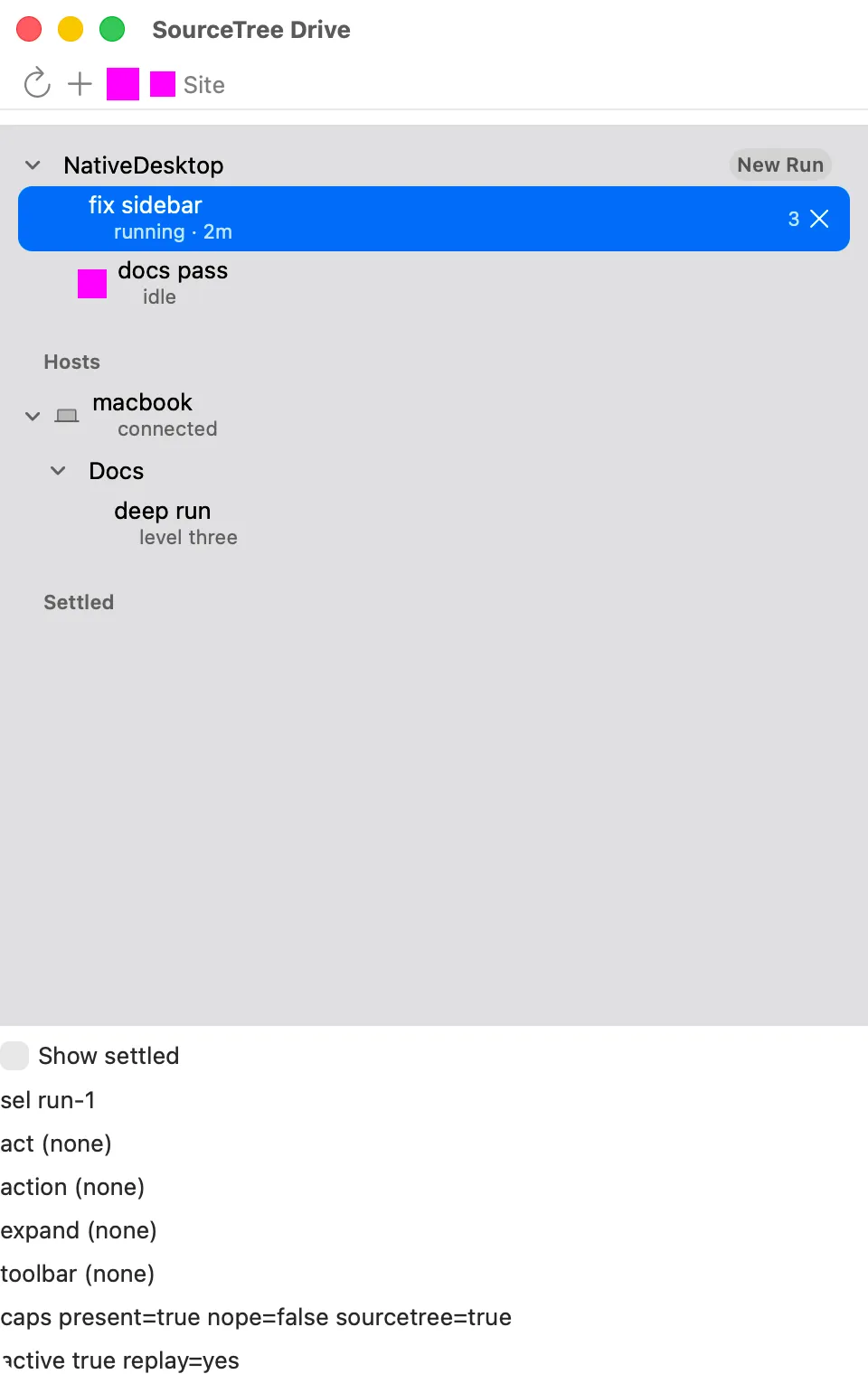 The sourcetree sidebar widget with sections, badges, and a selected row on macOS (AppKit)