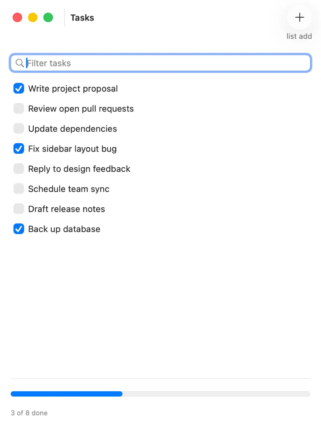 The tasks example on macOS (AppKit)